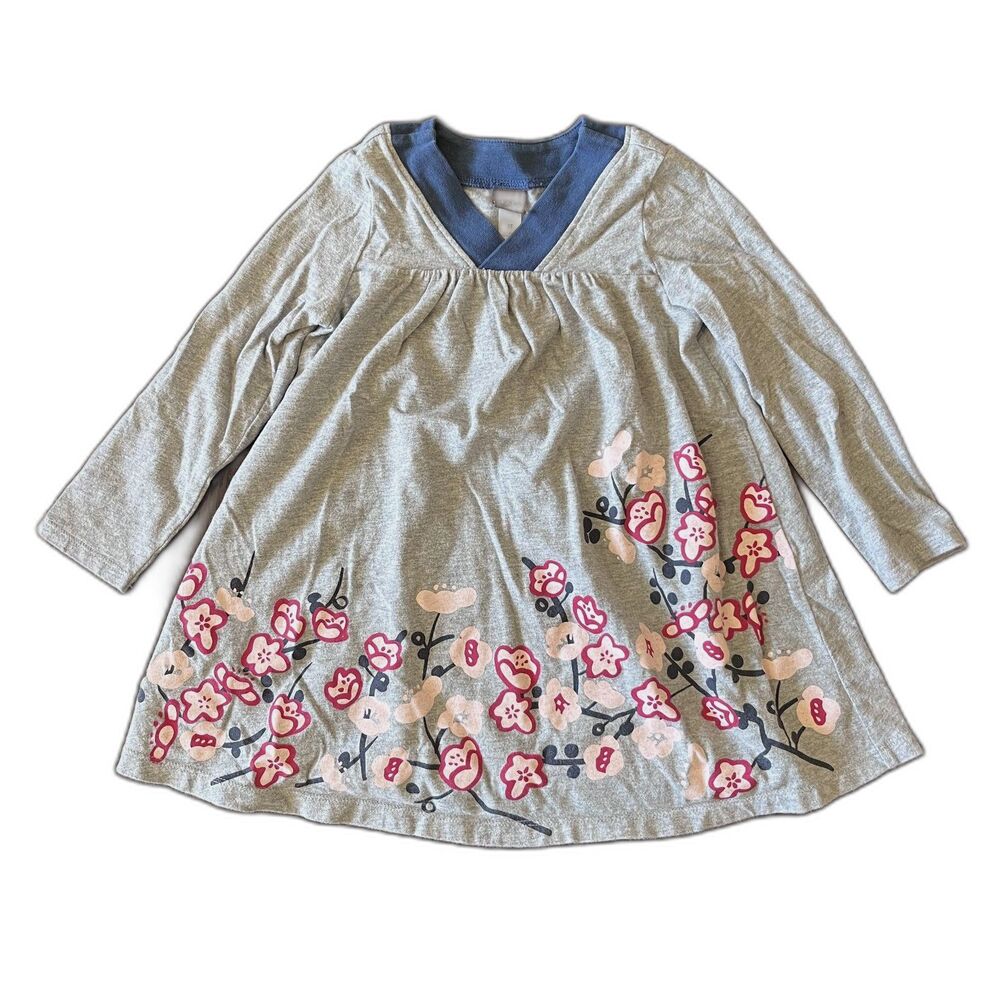 Tea Collection Girls 3T Gray Pink Floral Long Sleeve Cotton Dress